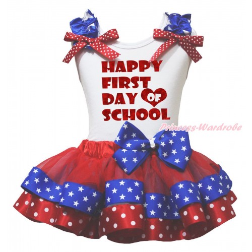 White Tank Top Star Ruffle Red White Dot Bow & Happy First Day Of School Painting & Red Minnie Blue Patriotic Star Satin Trimmed Pettiskirt MG2365
