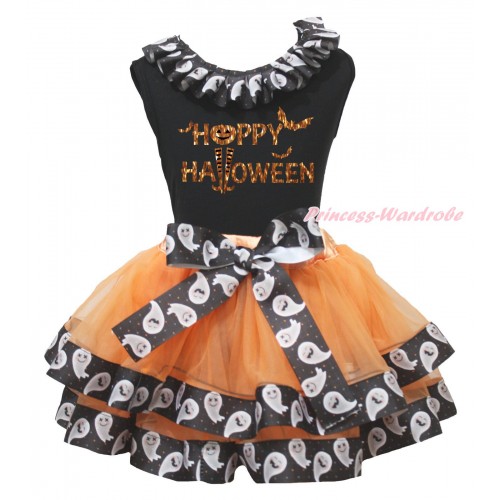 Halloween Black Tank Top White Ghost Lacing & Happy Halloween Painting & Orange White Ghost Trimmed Pettiskirt MG2368