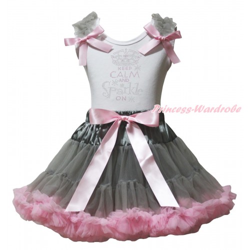 White Tank Top Grey Ruffles Light Pink Bows & Sparkle Crystal Bling Rhinestone Keep Calm And Sparkle On Print & Grey Light Pink Pettiskirt MG2378