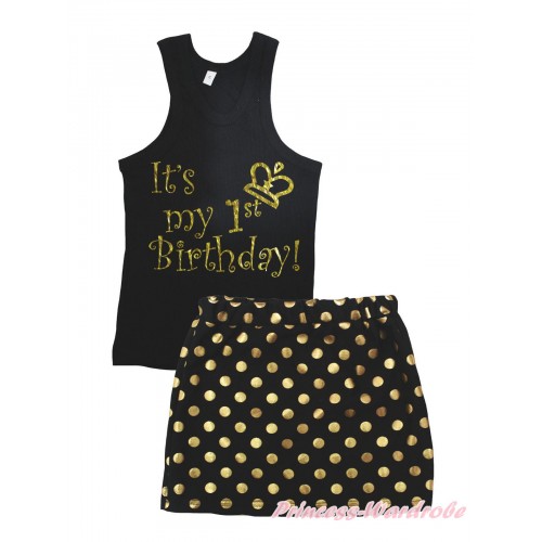 Black Tank Top It's My 1st Birthday Painting & Black Gold Dots Girls Skirt Set MG2390