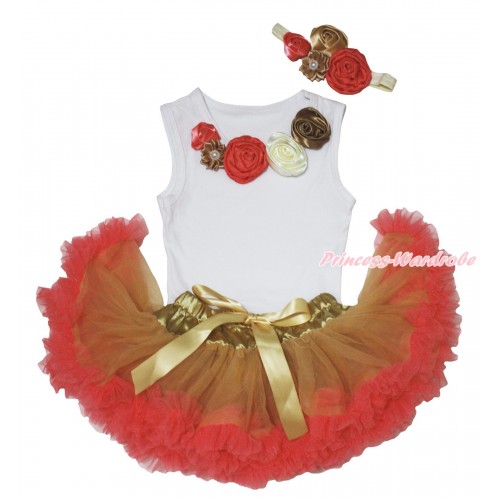 White Baby Pettitop Cream White Red Brown Vintage Garden Flower Rosettes Lacing & Red Brown Newborn Pettiskirt NG2191