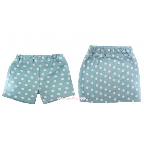 Light Blue White Dots Cotton Short Panties & Skirt 2 Piece Set PS031