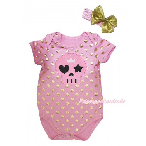 Halloween Light Pink Gold Dots Baby Jumpsuit & Pink Skull Print & Headband TH750