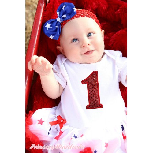White Baby Bodysuit Jumpsuit White Red Blue Star Pettiskirt & 1st Sparkle Red Birthday Number Print JS5629