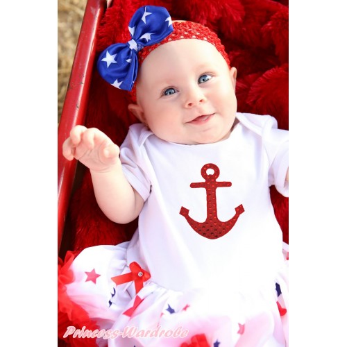 White Baby Bodysuit Jumpsuit White Red Blue Star Pettiskirt & Red Anchor Print JS5630
