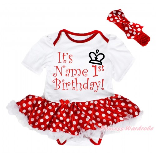 White Baby Bodysuit Minnie Dots White Pettiskirt & It's Name 1st Birthday Painting JS5638