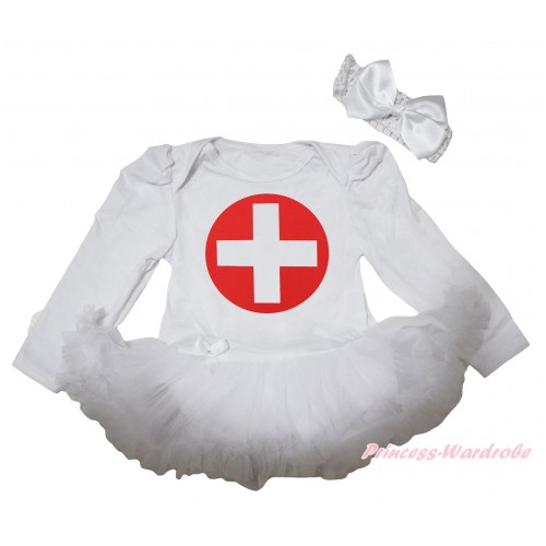 White Long Sleeve Baby Bodysuit White Pettiskirt & Nurse Print JS5646