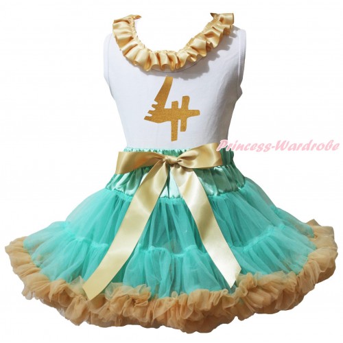 White Tank Top Goldenrod Lacing & 4th Sparkle Birthday Number Painting & Aqua Blue Goldenrod Pettiskirt MG2352