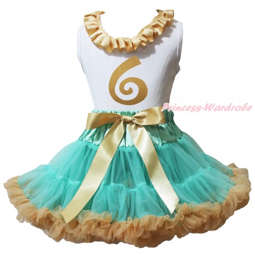 White Tank Top Goldenrod Lacing & 6th Sparkle Birthday Number Painting & Aqua Blue Goldenrod Pettiskirt MG2354