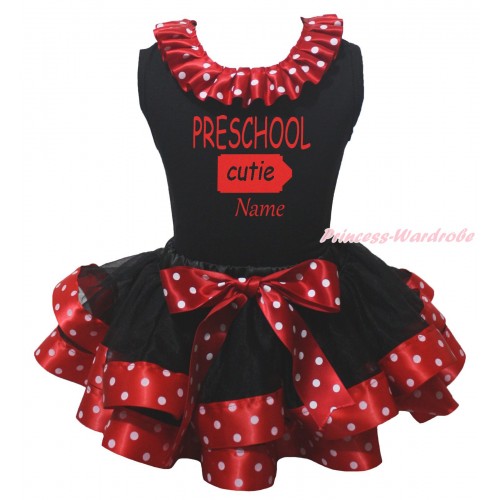 Black Baby Pettitop Minnie Dots Lacing & PRESCHOOL Cutie Name Painting & Black Minnie Dots Trimmed Baby Pettiskirt NG2186