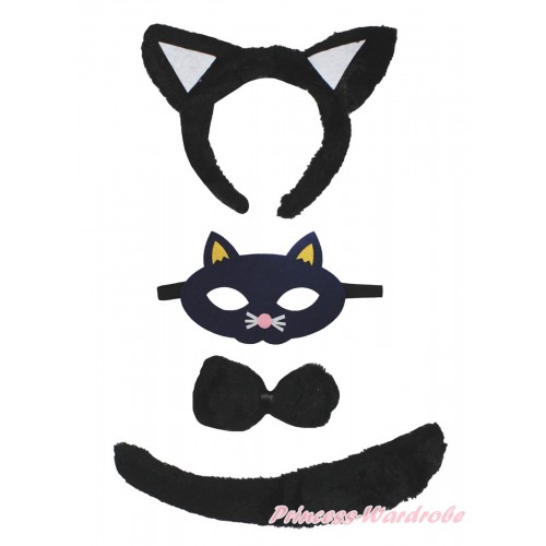 Black Cat 3 Piece Set in Headband, Tie, Tail & Face Eyes Mask PC167