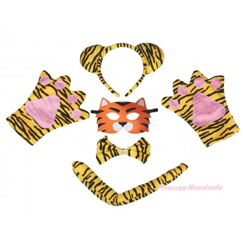 Tiger 4 Piece Set in Headband, Tie, Tail , Paw & Face Eyes Mask PC170