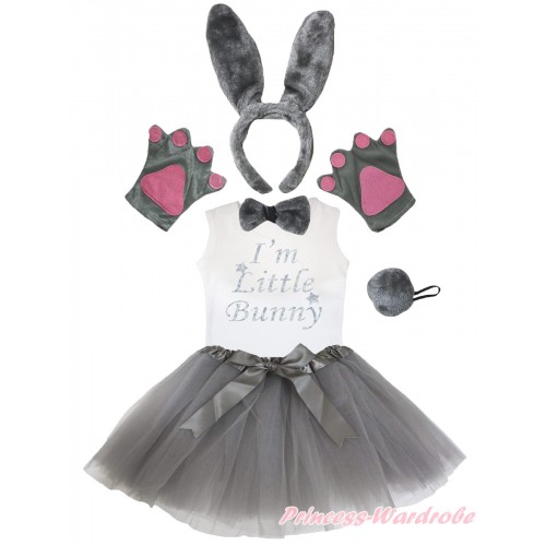 I'm Little Bunny Print White Tank Top & 4 Piece Set & Grey Bow Ballet Tutu Costume Set PC183