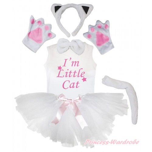 I'm Little Cat Print White Tank Top & 4 Piece Set & Light Pink Bow White Ballet Tutu Costume Set PC190