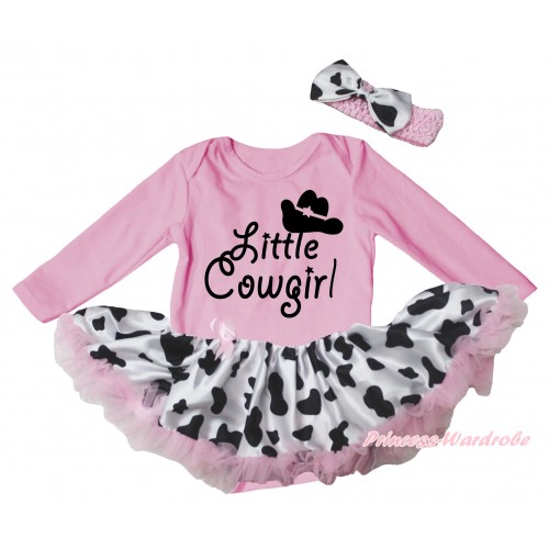 Light Pink Long Sleeve Baby Bodysuit Jumpsuit & Little Cowgirl Painting & Light Pink Milk Cow Pettiskirt & Light Pink Headband Milk Cow Satin Bow JS5763
