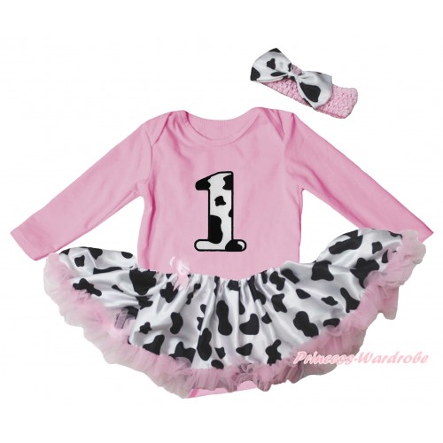 Light Pink Long Sleeve Baby Bodysuit Jumpsuit & 1st Cowgirl Milk Cow Birthday Number Print & Light Pink Milk Cow Pettiskirt & Light Pink Headband Milk Cow Satin Bow JS5765