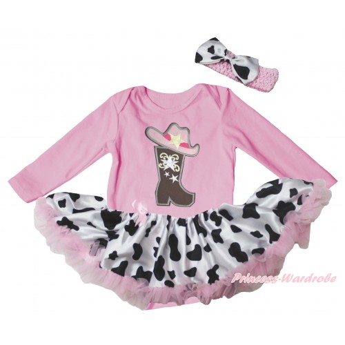 Light Pink Long Sleeve Baby Bodysuit Jumpsuit & Cowgirl Hat Boot Print & Light Pink Milk Cow Pettiskirt & Light Pink Headband Milk Cow Satin Bow JS5767