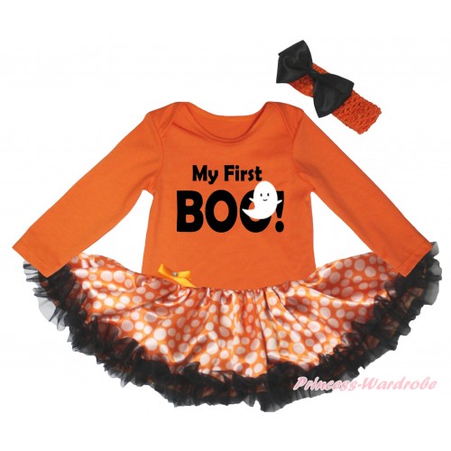 Halloween Orange Long Sleeve Baby Bodysuit Jumpsuit & My First Boo! White Ghost Painting & Orange White Dots Black Pettiskirt & Orange Headband Black Satin Bow JS5777