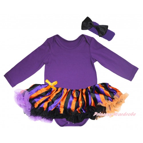 Halloween Dark Purple Long Sleeve Baby Bodysuit Jumpsuit & Dark Purple Orange Black Striped Pettiskirt & Dark Headband Black Satin Bow JS5782
