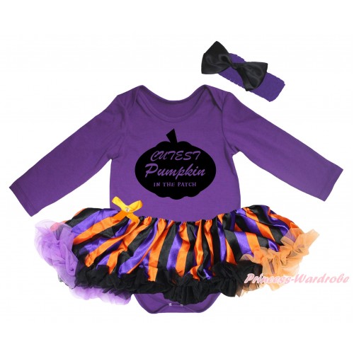 Halloween Dark Purple Long Sleeve Baby Bodysuit Jumpsuit & Cutest Pumpkin In The Patch Painting & Dark Purple Orange Black Striped Pettiskirt & Dark Headband Black Satin Bow JS5784