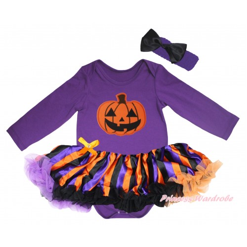 Halloween Dark Purple Long Sleeve Baby Bodysuit Jumpsuit & Pumpkin Print & Dark Purple Orange Black Striped Pettiskirt & Dark Headband Black Satin Bow JS5786