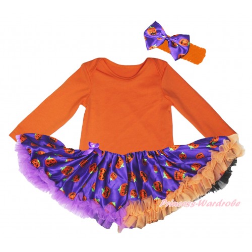 Halloween Orange Long Sleeve Baby Bodysuit Jumpsuit & Dark Purple Orange Black Pumpkin Pettiskirt & Orange Headband Dark Purple Orange Pumpkin Satin Bow JS5788