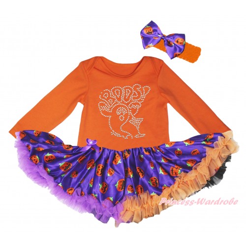 Halloween Orange Long Sleeve Baby Bodysuit Jumpsuit & Sparkle Rhinestone BOOS! Print & Dark Purple Orange Black Pumpkin Pettiskirt & Orange Headband Dark Purple Orange Pumpkin Satin Bow JS5793