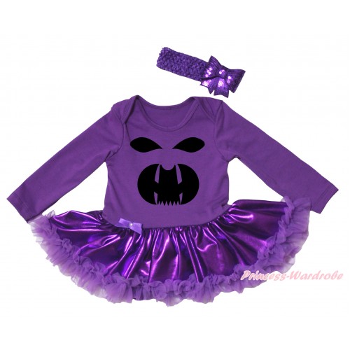 Halloween Dark Purple Long Sleeve Baby Bodysuit Jumpsuit & Black Ghost Face Painting & Dark Purple Pettiskirt & Dark Purple Headband Sequins Bow JS5795