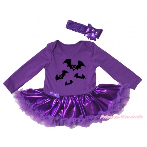 Halloween Dark Purple Long Sleeve Baby Bodysuit Jumpsuit & Bat Painting & Dark Purple Pettiskirt & Dark Purple Headband Sequins Bow JS5796