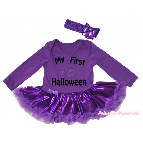Halloween Dark Purple Long Sleeve Baby Bodysuit Jumpsuit & My First Halloween Painting & Jack Print & Dark Purple Pettiskirt & Dark Purple Headband Sequins Bow JS5797