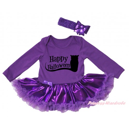 Halloween Dark Purple Long Sleeve Baby Bodysuit Jumpsuit & Black Happy Halloween Painting & Dark Purple Pettiskirt & Dark Purple Headband Sequins Bow JS5798