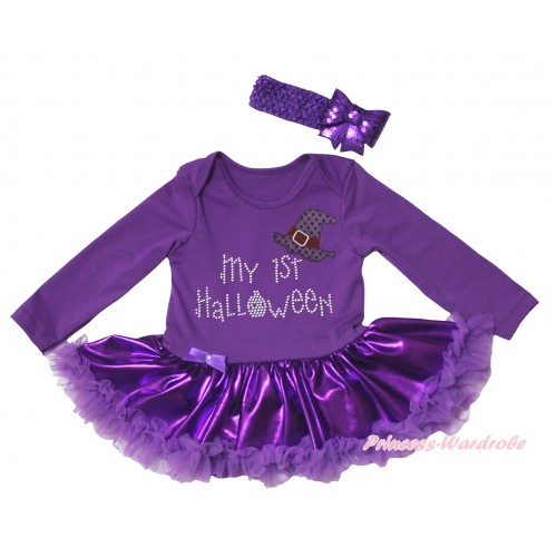 Halloween Dark Purple Long Sleeve Baby Bodysuit Jumpsuit & Sparkle Hat Rhinestone My 1st Halloween Print & Dark Purple Headband Sequins Bow JS5799