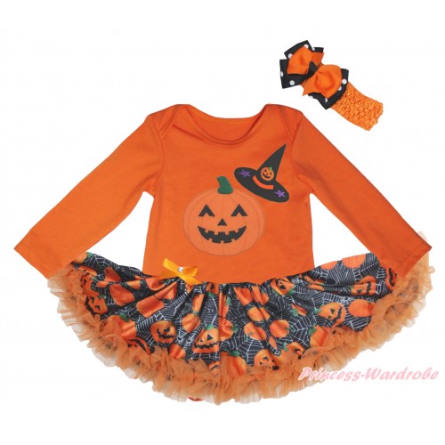 Halloween Orange Long Sleeve Baby Bodysuit Jumpsuit & Pumpkin Witch Hat & Pumpkin Print & Spider Web Pumpkin Pettiskirt & Orange Headband Black White Dots Orange Bow JS5804