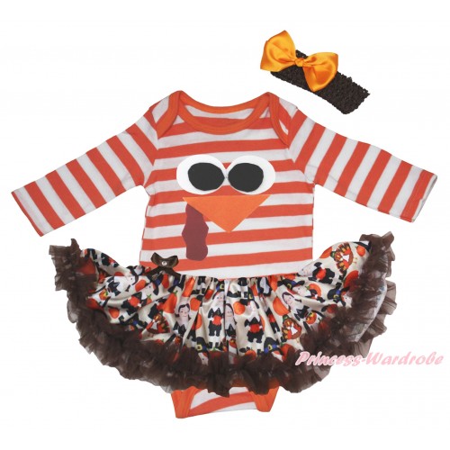 Thanksgiving Orange White Striped Long Sleeve Baby Bodysuit & Turkey Face Print & Turkey Pumpkin Pettiskirt & Black Headband Orange Satin Bow JS5809