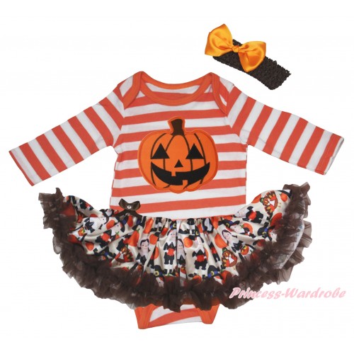 Halloween Orange White Striped Long Sleeve Baby Bodysuit & Pumpkin Print & Turkey Pumpkin Pettiskirt & Black Headband Orange Satin Bow JS5810
