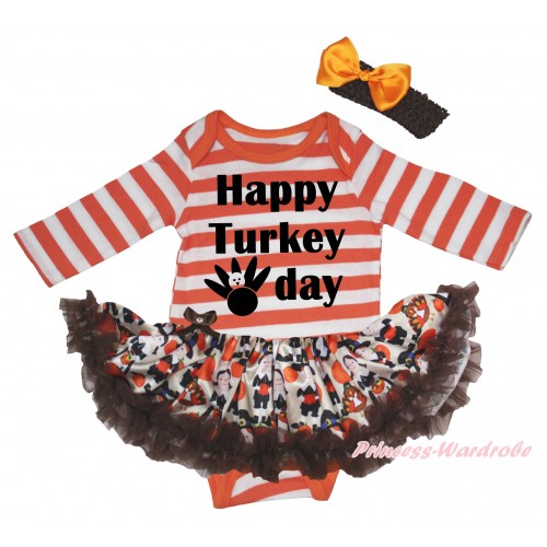 Thanksgiving Orange White Striped Long Sleeve Baby Bodysuit & Happy Turkey Day Painting & Turkey Pumpkin Pettiskirt & Black Headband Orange Satin Bow JS5811