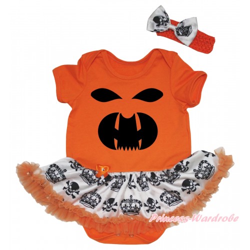 Halloween Orange Baby Bodysuit Crown Skeleton Pettiskirt & Black Ghost Face Painting JS5820