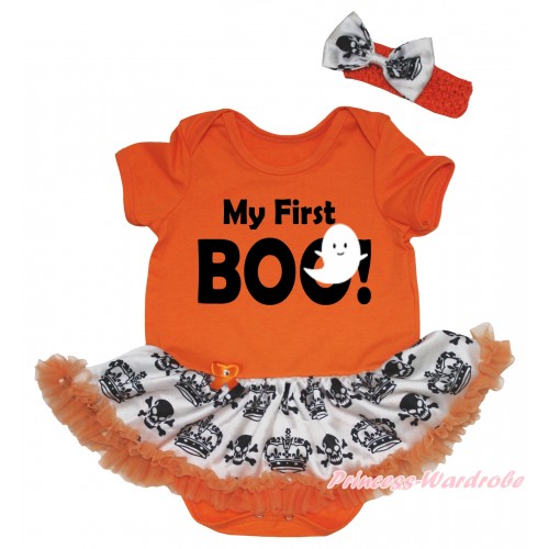 Halloween Orange Baby Bodysuit Crown Skeleton Pettiskirt & My First Boo! White Ghost Painting JS5821