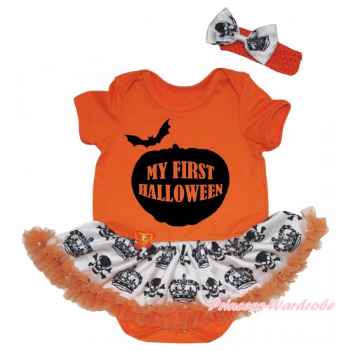 Halloween Orange Baby Bodysuit Crown Skeleton Pettiskirt & Pumpkin My First Halloween Painting JS5822