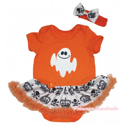 Halloween Orange Baby Bodysuit Crown Skeleton Pettiskirt & White Ghost Print JS5824