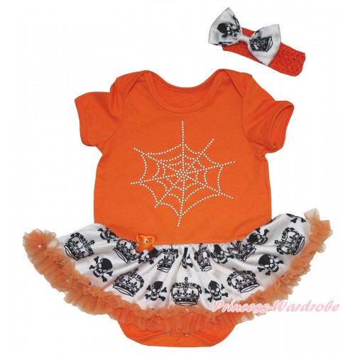 Halloween Orange Baby Bodysuit Crown Skeleton Pettiskirt & Rhinestone Spider Web Print JS5825