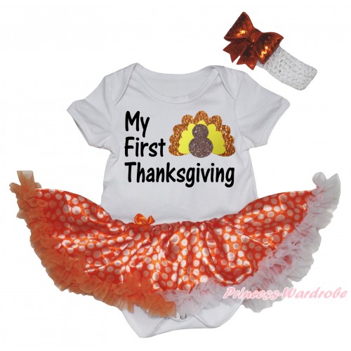 Thanksgiving White Baby Bodysuit Orange White Dots Pettiskirt & My First Thanksgiving Turkey Painting JS5828