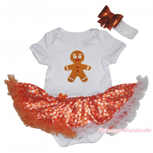 Christmas White Baby Bodysuit Orange White Dots Pettiskirt & Brown Gingerbread Print JS5830