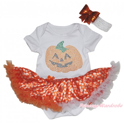 Halloween White Baby Bodysuit Orange White Dots Pettiskirt & Sparkle Rhinestone Pumpkin Print JS5832