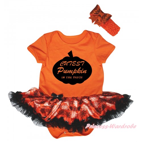Halloween Orange Baby Bodysuit Orange Black Spider Web Pettiskirt & Cutest Pumpkin In The Patch Painting JS5842