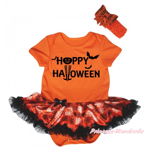 Halloween Orange Baby Bodysuit Orange Black Spider Web Pettiskirt & Happy Halloween Painting JS5843