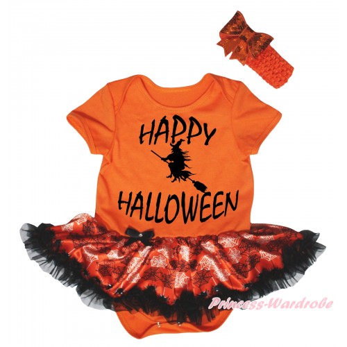 Halloween Orange Baby Bodysuit Orange Black Spider Web Pettiskirt & Happy Halloween Witch Painting JS5844