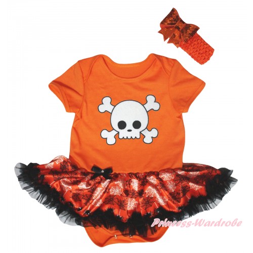 Halloween Orange Baby Bodysuit Orange Black Spider Web Pettiskirt & White Skeleton Print JS5845
