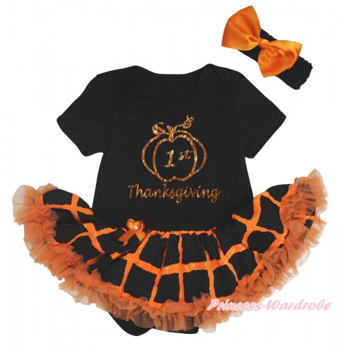 Thanksgiving Black Baby Bodysuit Orange Black Checked Pettiskirt & Sparkle 1st Thanksgiving Painting JS5849