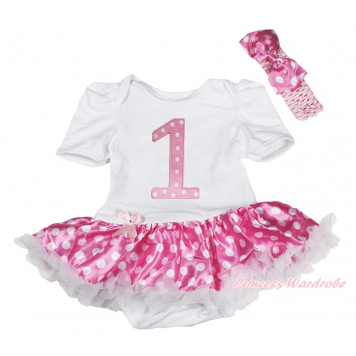 White Baby Bodysuit Hot Pink White Dots Pettiskirt & 1st Hot Pink White Birthday Number Print JS5854